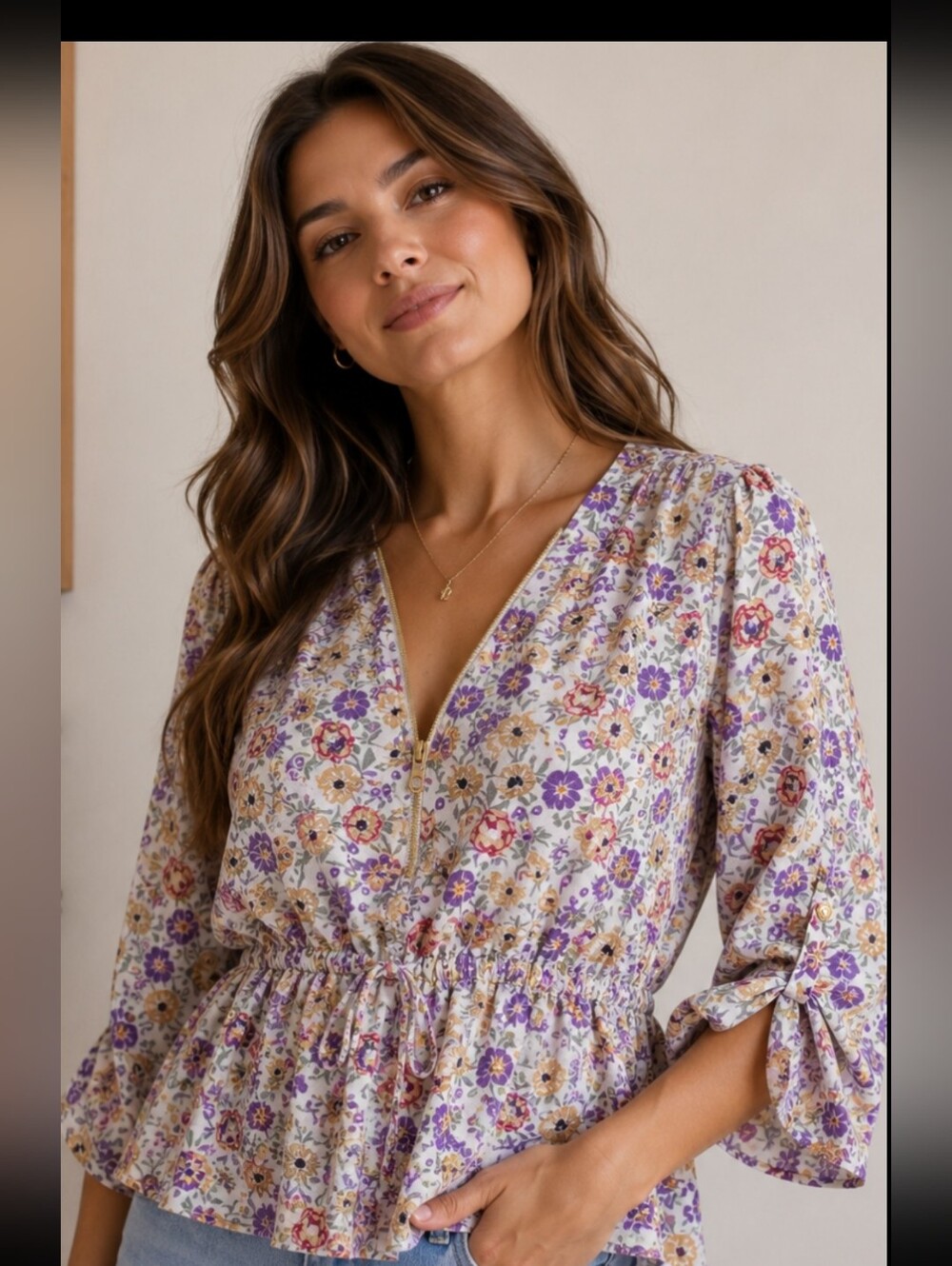 Floral Peplum Blouse - White with Purple & Yellow Flowers